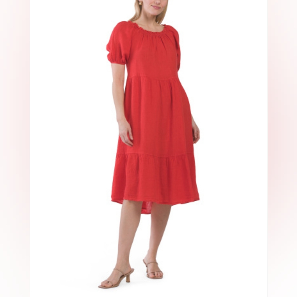 NWT - Italy Linen Alessia Pacini Balloon Sleeves Tiered Flame Red Midi Dress - L